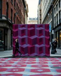 A captivating street photograph showcases a repeating Escher-style impossible geometry cube pattern in rich burgundy and deep