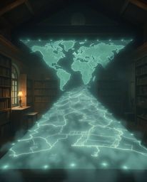 A cinematic and hazy Isekai anime-style depiction featuring a glowing map projected in the air within an old study. The image