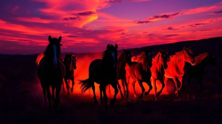 A breathtaking image of a wild horse herd galloping under a vibrant, bioluminescent sky.  Reds, oranges, and yellows paint th