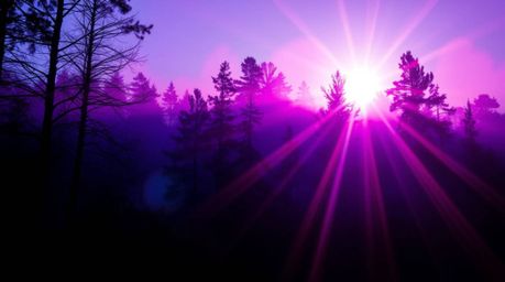 Capture the ethereal beauty of a forest at golden hour with deep ultraviolet hues and a vibrant purple lens flare. This image