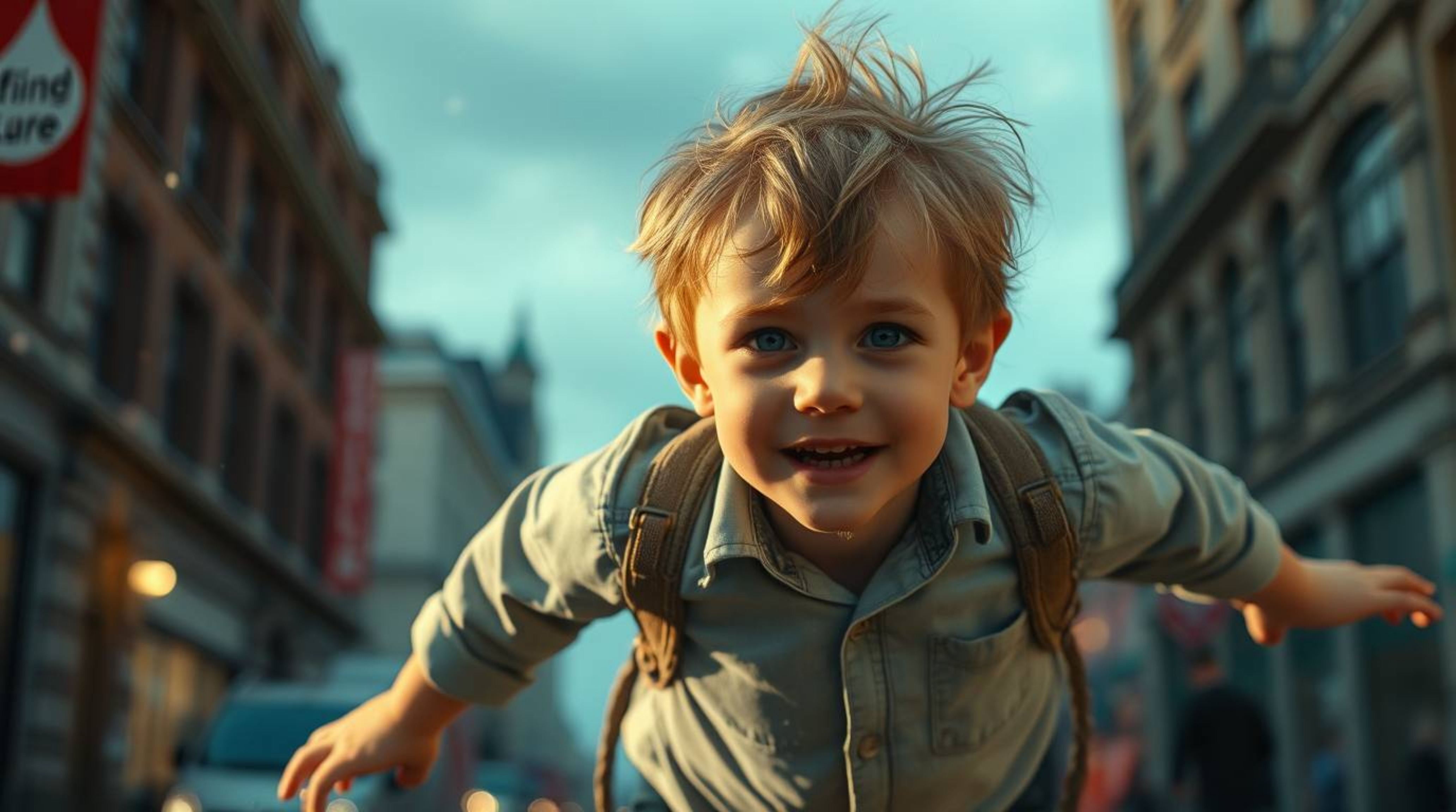 A dramatic and candid street photograph captures a young boy with light brown hair seemingly flying above the London urban la