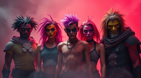 A team of misfit heroes with contrasting skin tones and unique features stand illuminated by volumetric light beams in a dust
