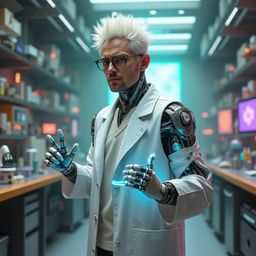A bespectacled futuristic scientist with short, spiky white hair and pale skin is deeply engrossed in research within a clutt