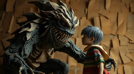 A heartwarming cinematic scene depicting an unlikely friendship between a child and a monster.  The piece utilizes a dramatic