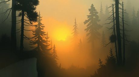 This artwork is a misty atmospheric digital sketch depicting mist rising from a forest at golden hour.  It features loose pai