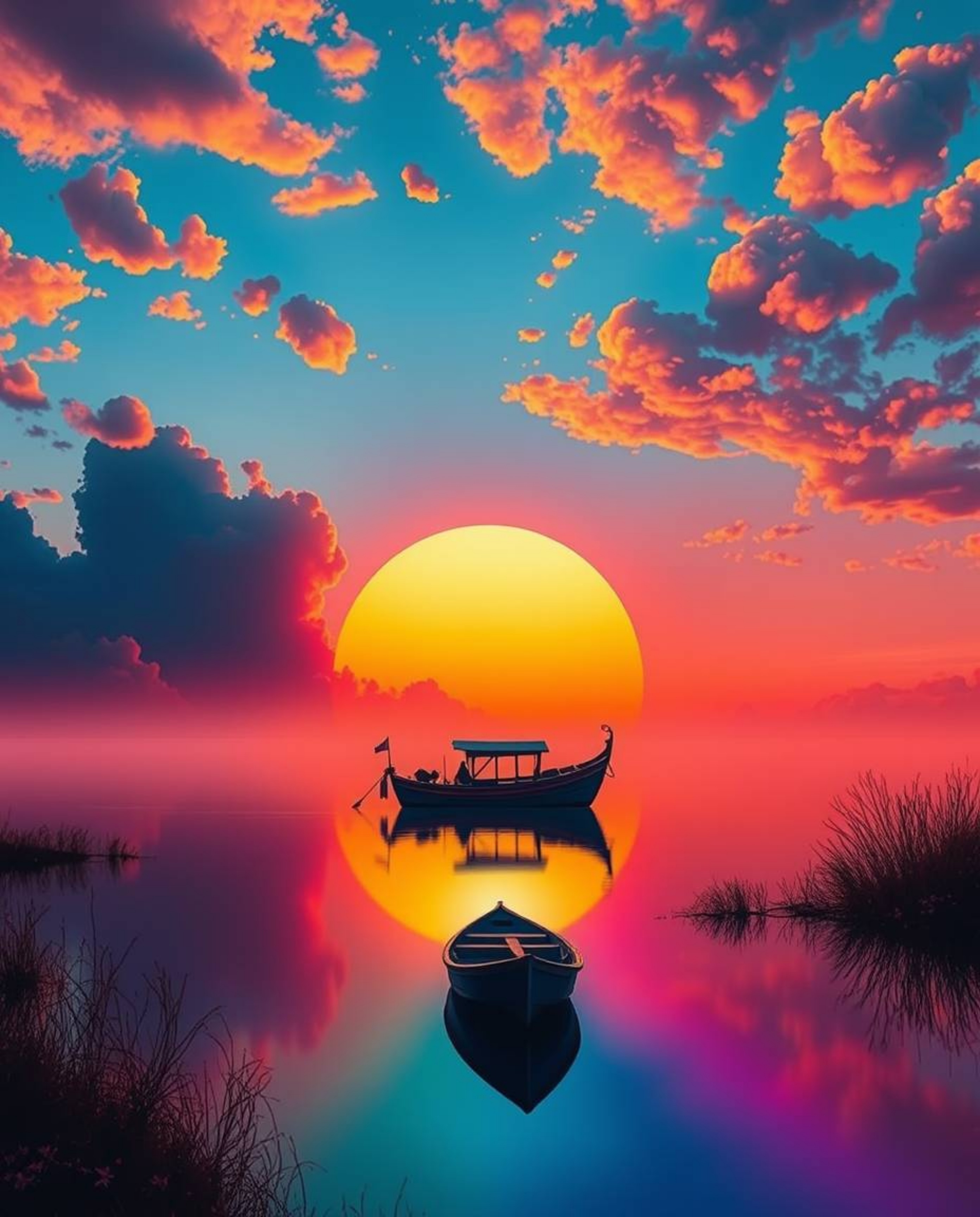 A surreal, dreamlike sunset scene features a boat drifting on a lake. The image is characterized by vibrant complementary col
