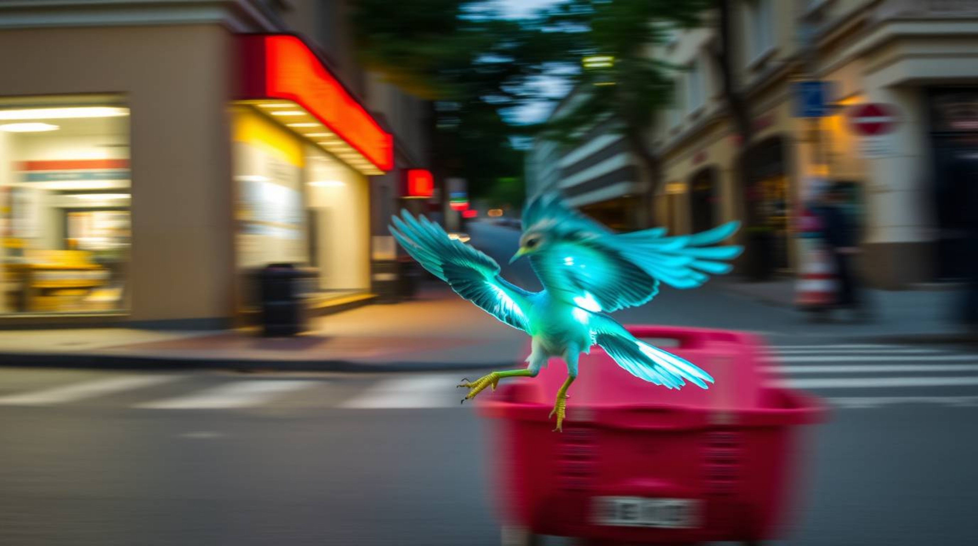 Capture the ephemeral beauty of urban life with this candid street photography collection. Focus on a bioluminescent bird as 
