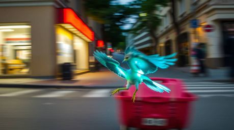 Capture the ephemeral beauty of urban life with this candid street photography collection. Focus on a bioluminescent bird as 