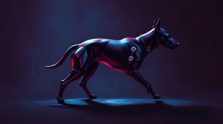 A captivating image of a futuristic dog autonomously walking in the vastness of space, rendered in rich burgundy and deep blu