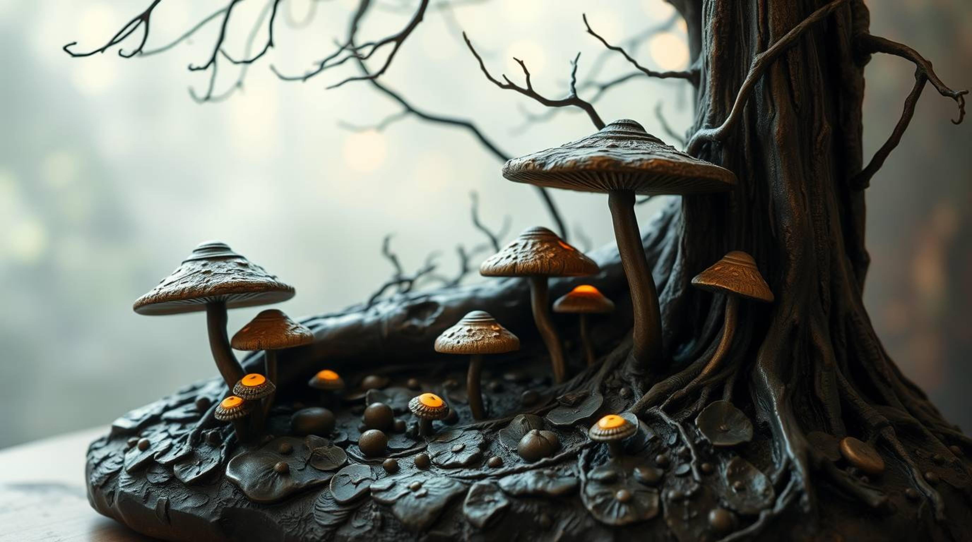Discover a captivating cast bronze sculpture depicting a vintage-style enchanted forest. Glowing mushrooms illuminate a soft