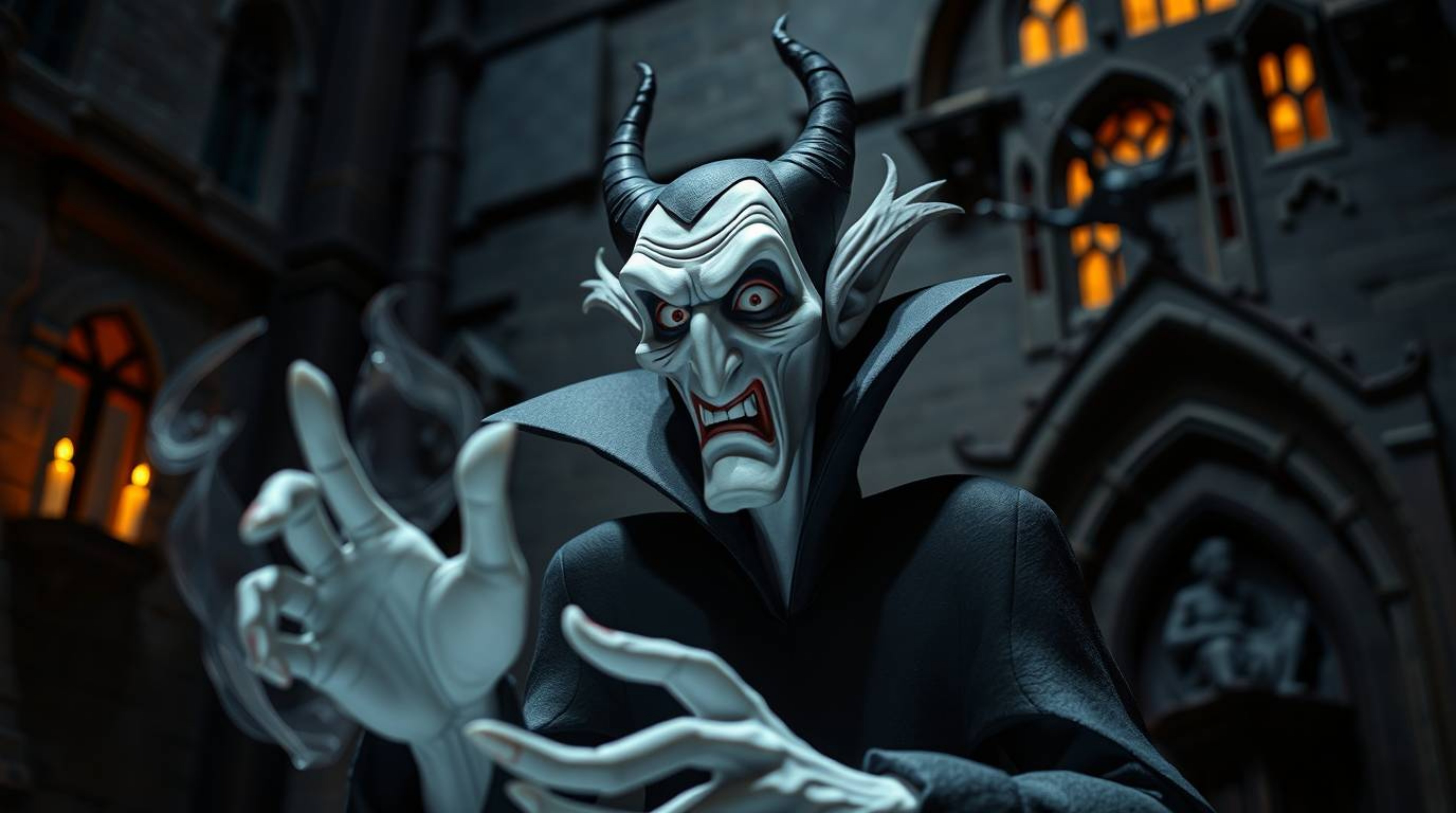 A captivating papier-mâché sculpture depicting a classic Disney villain casting a spell within a gothic castle.  The artwork 