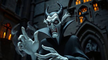 A captivating papier-mâché sculpture depicting a classic Disney villain casting a spell within a gothic castle. The artwork