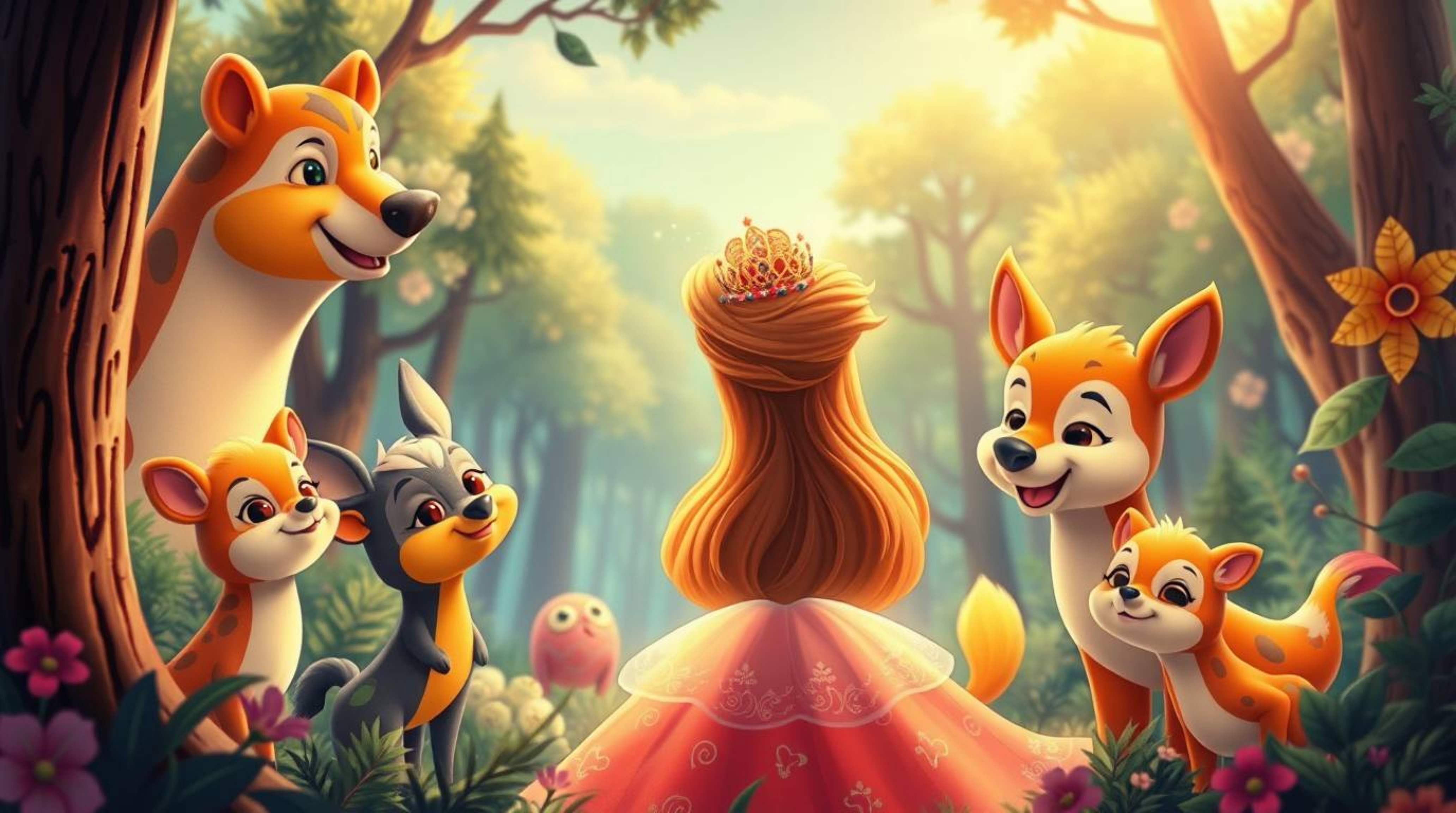 A whimsical journey into a vintage 2D animation world featuring a princess with vibrant electric colors, singing alongside ch