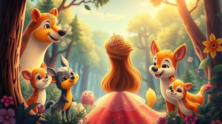 A whimsical journey into a vintage 2D animation world featuring a princess with vibrant electric colors, singing alongside ch