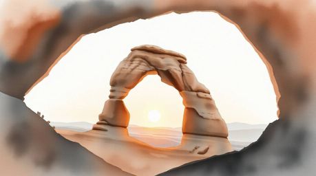 A delicate watercolor painting captures a moody sunset seen through a natural rock arch in the desert. The low contrast and t