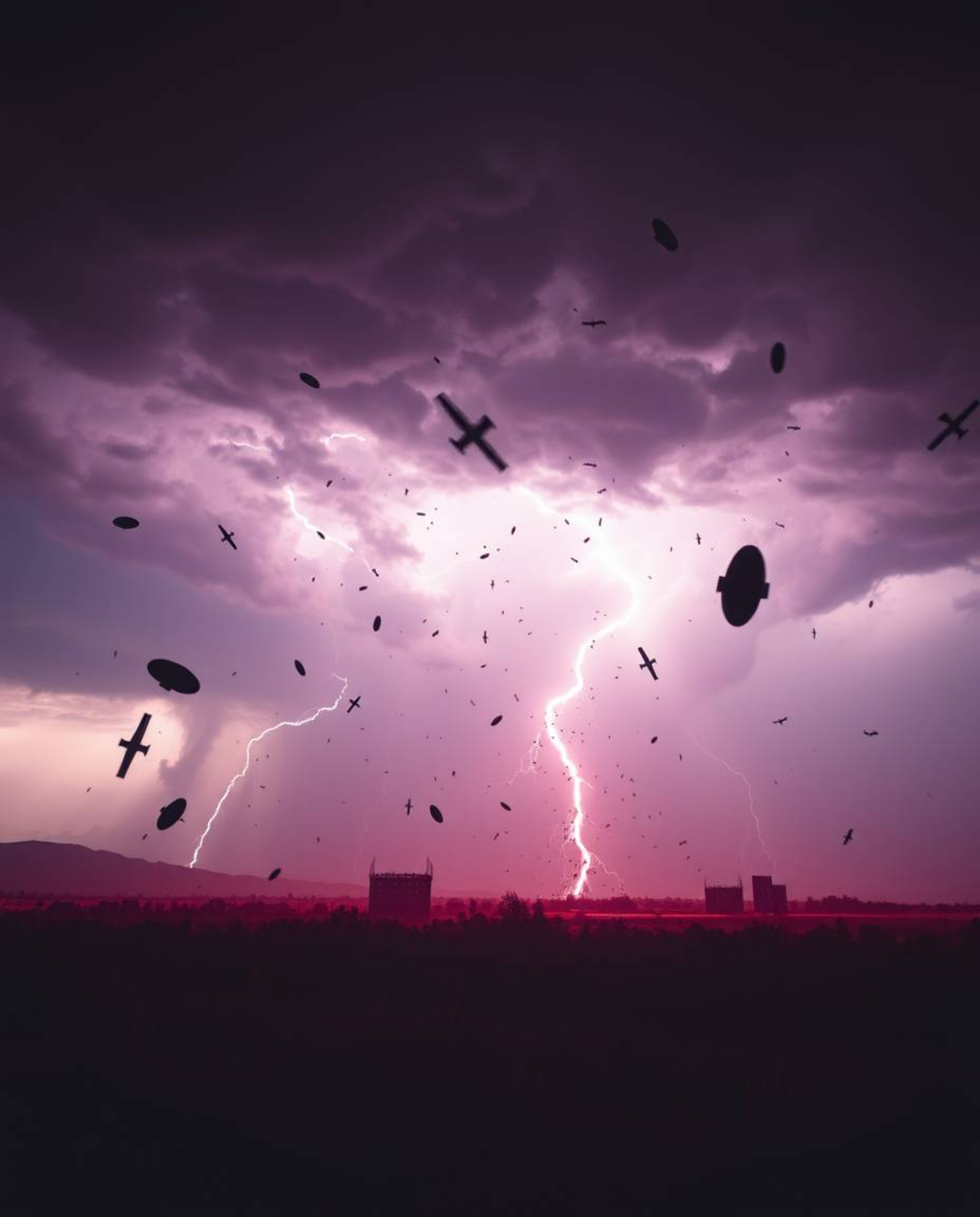 Experience a surreal storm depicted in captivating infrared tones, featuring flying objects and a broken gravity aesthetic. T
