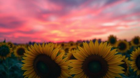 This image captures a breathtaking sunflower field beneath a deep red and purple sky. The close-up photograph showcases intri