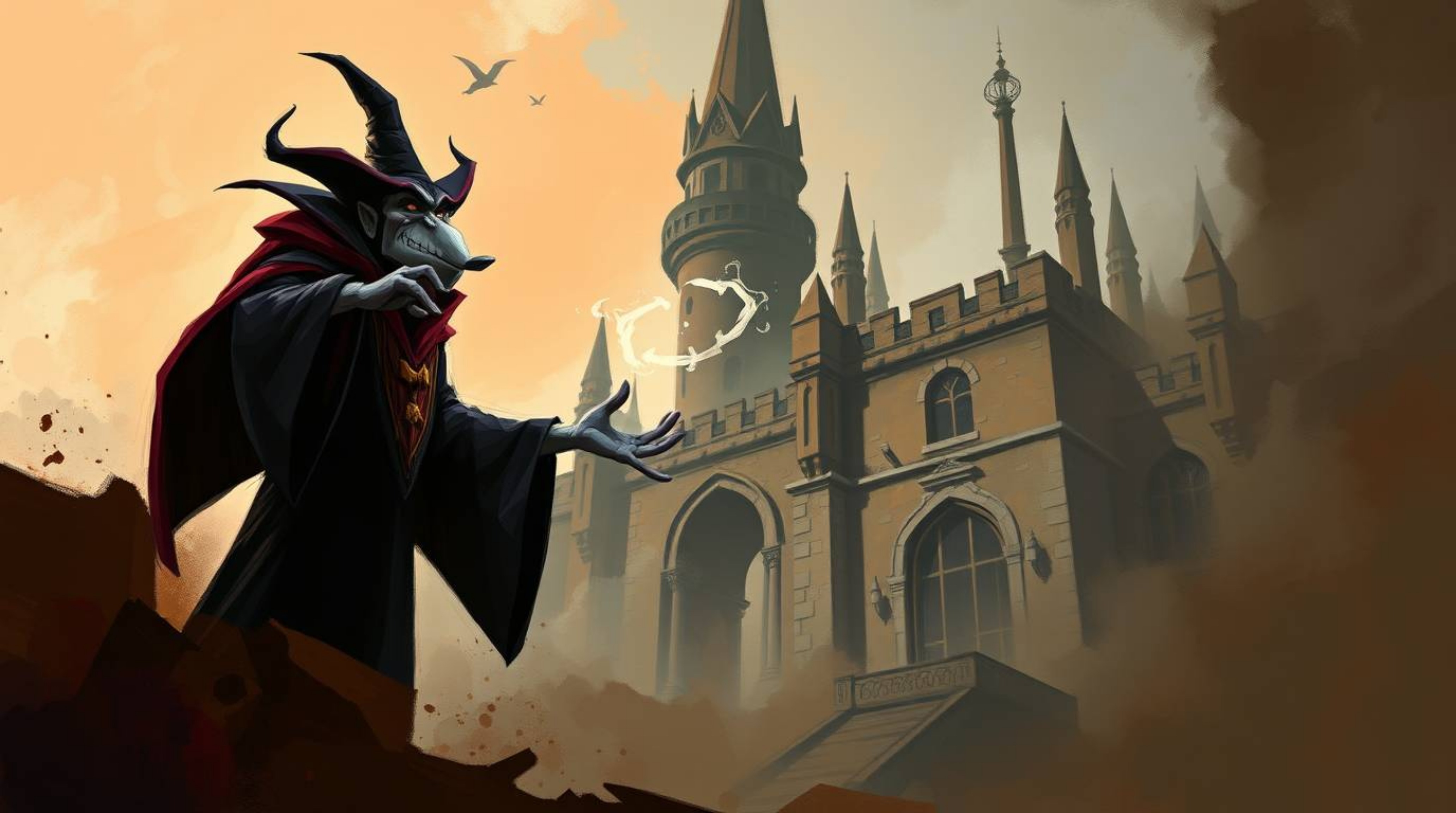 A dynamic digital sketch showcases a classic Disney villain conjuring a spell within an ancient castle.  Loose painterly stro