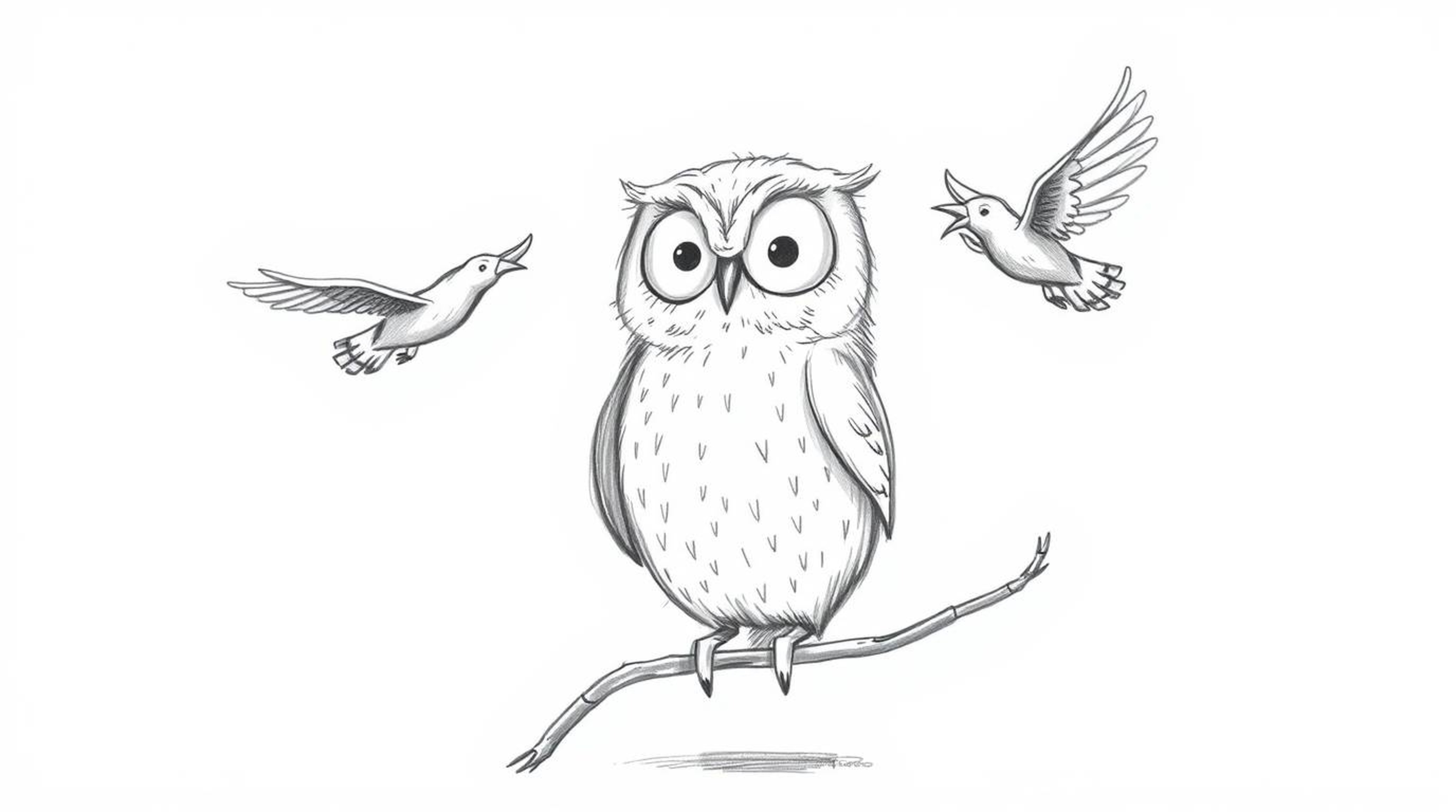 A heartwarming Pixar-style hand-drawn sketch depicts a blind owl, its face radiating calm and focus, dedicated to teaching bi