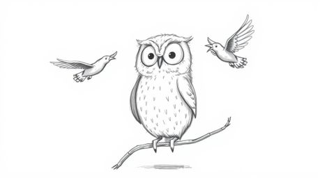 A heartwarming Pixar-style hand-drawn sketch depicts a blind owl, its face radiating calm and focus, dedicated to teaching bi