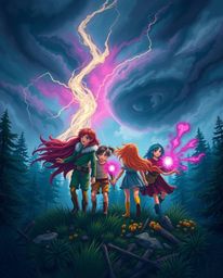 A group of friends with unique powers embarks on a thrilling forest exploration, depicted with vibrant complementary colors a