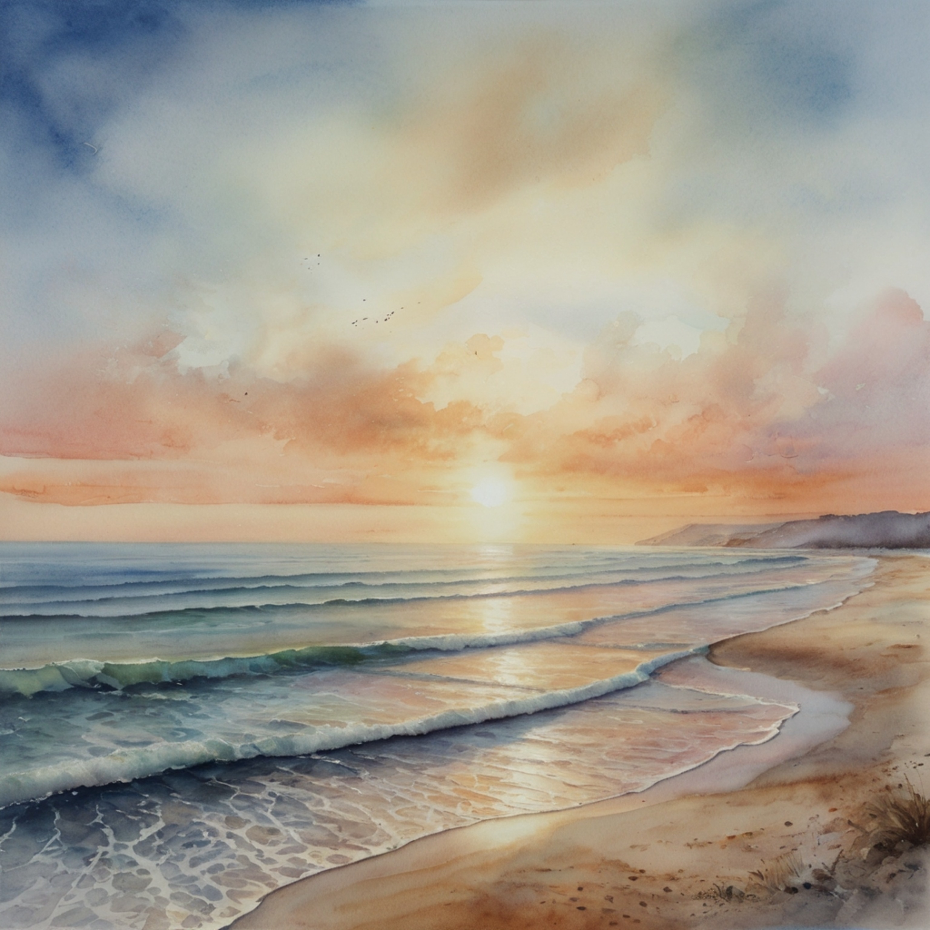 A serene watercolor painting captures the tranquility of a quiet beach at sunrise. The artwork beautifully depicts the gentle