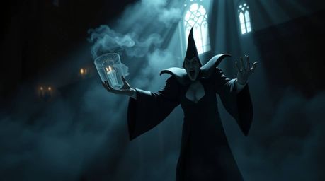 A soft, dreamy atmosphere punctuated by contrasting chiaroscuro lighting captures a classic Disney villain in the act of cast