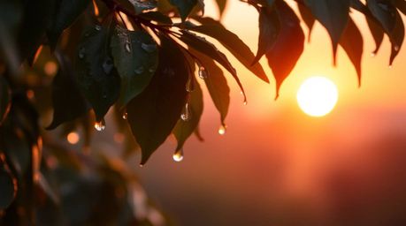 Experience the serene beauty of a soft pastel sunset as it illuminates raindrops clinging to leaves. The scene is bathed in a
