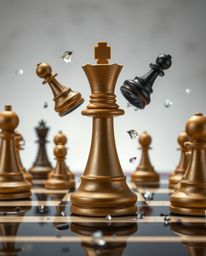 A stunning high-resolution stock photo depicting a chessboard with chess pieces frozen mid-air in a dramatic scene of destruc