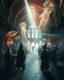 Immerse yourself in a dreamlike and surreal image of a magical school teeming with young wizards. This fantastical artwork fe