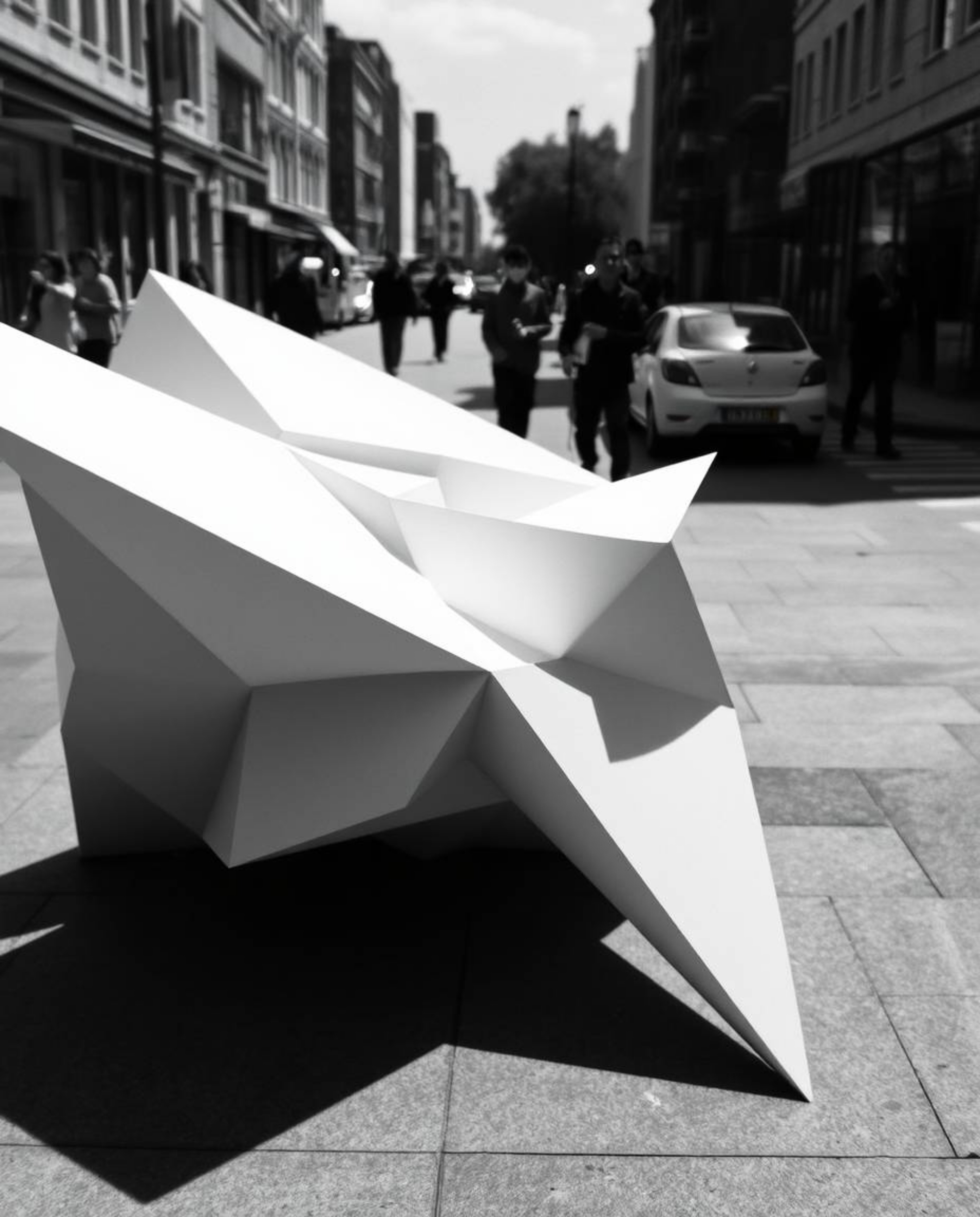 A captivating candid street photograph reveals a surreal, infrared-toned 3D geometric pattern reminiscent of folded paper.  T