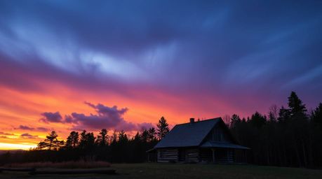 A captivating image showcases a seamless gradient sunset transitioning into a dramatic, stormy sky above a rustic old wooden 