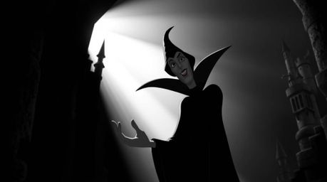 A striking black and white image featuring a classic Disney villain with defined features, conjuring a spell within the depth