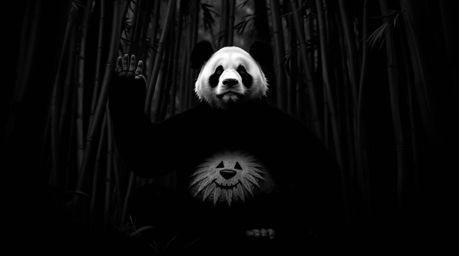 Experience the serenity of a powerful image: a jet-black martial artist panda deeply meditating amidst a shadowy bamboo fores