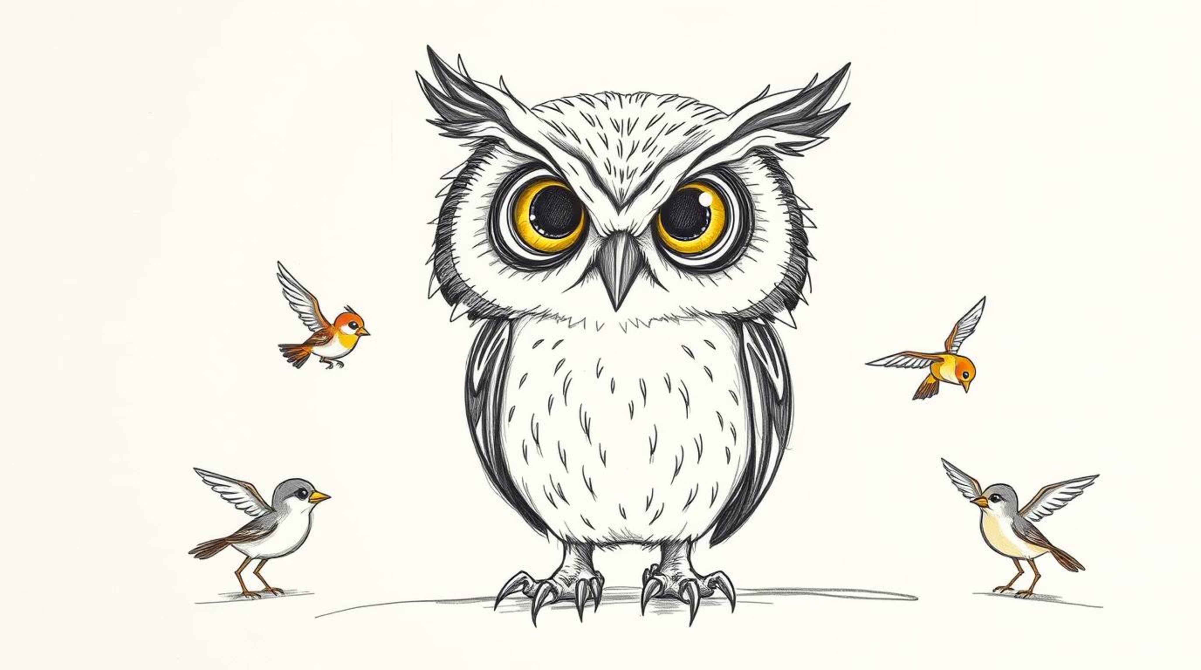 A charming hand-drawn sketch in the style of Pixar depicts a wise, blind owl with soft feathers and expressive eyes teaching 