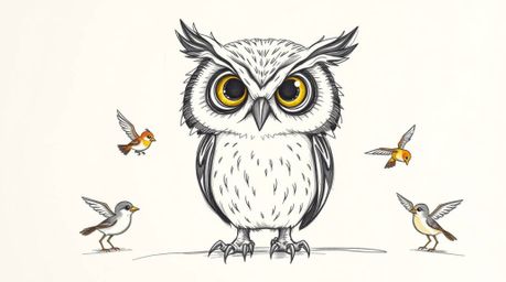 A charming hand-drawn sketch in the style of Pixar depicts a wise, blind owl with soft feathers and expressive eyes teaching 