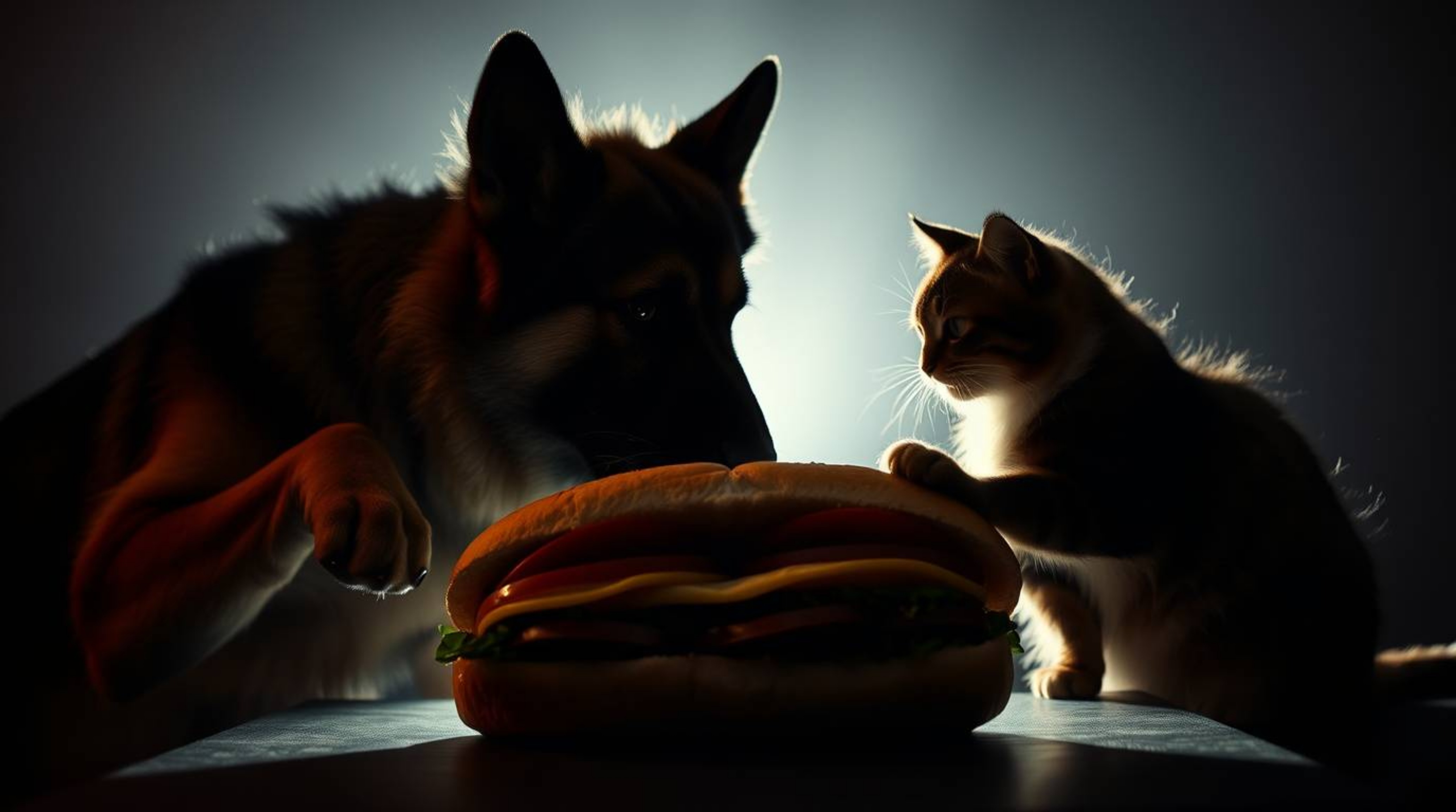 A dramatic, cinematic scene unfolds with silhouetted backlighting as a German Shepherd and a Maine Coon cat engage in a comic
