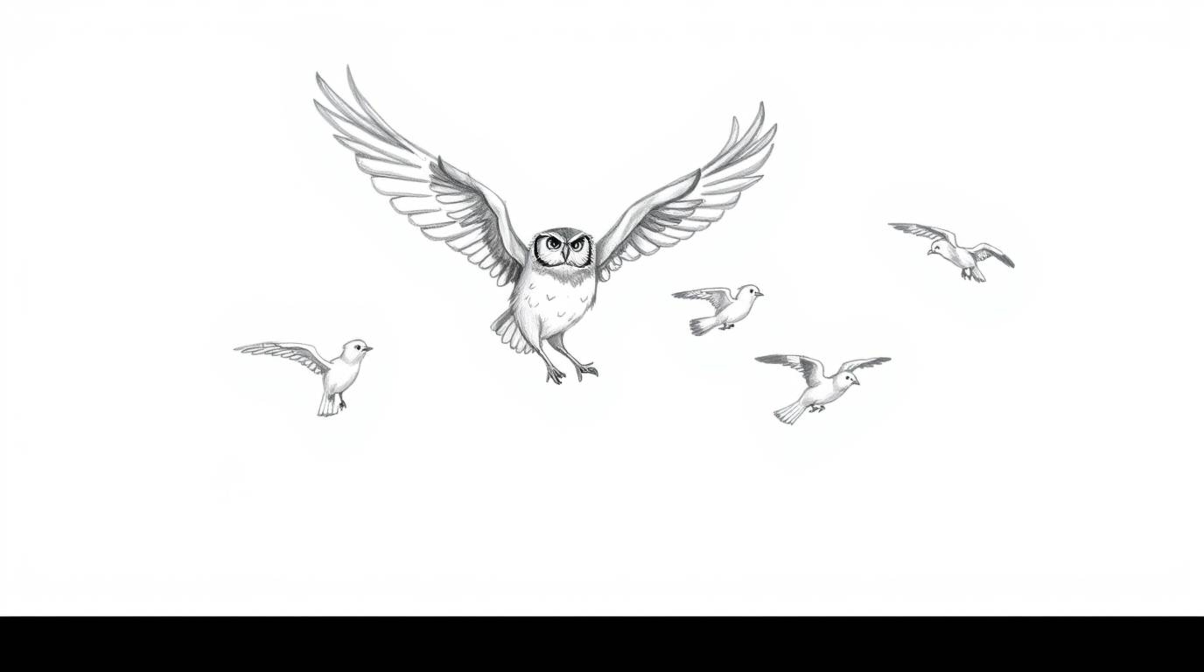 A hand-drawn sketch in the style of Pixar showcases a blind owl, rendered with soft, textured pencil strokes, teaching birds 