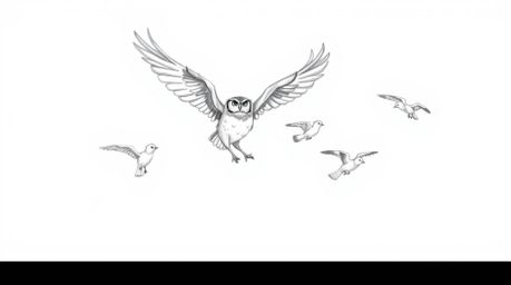 A hand-drawn sketch in the style of Pixar showcases a blind owl, rendered with soft, textured pencil strokes, teaching birds 