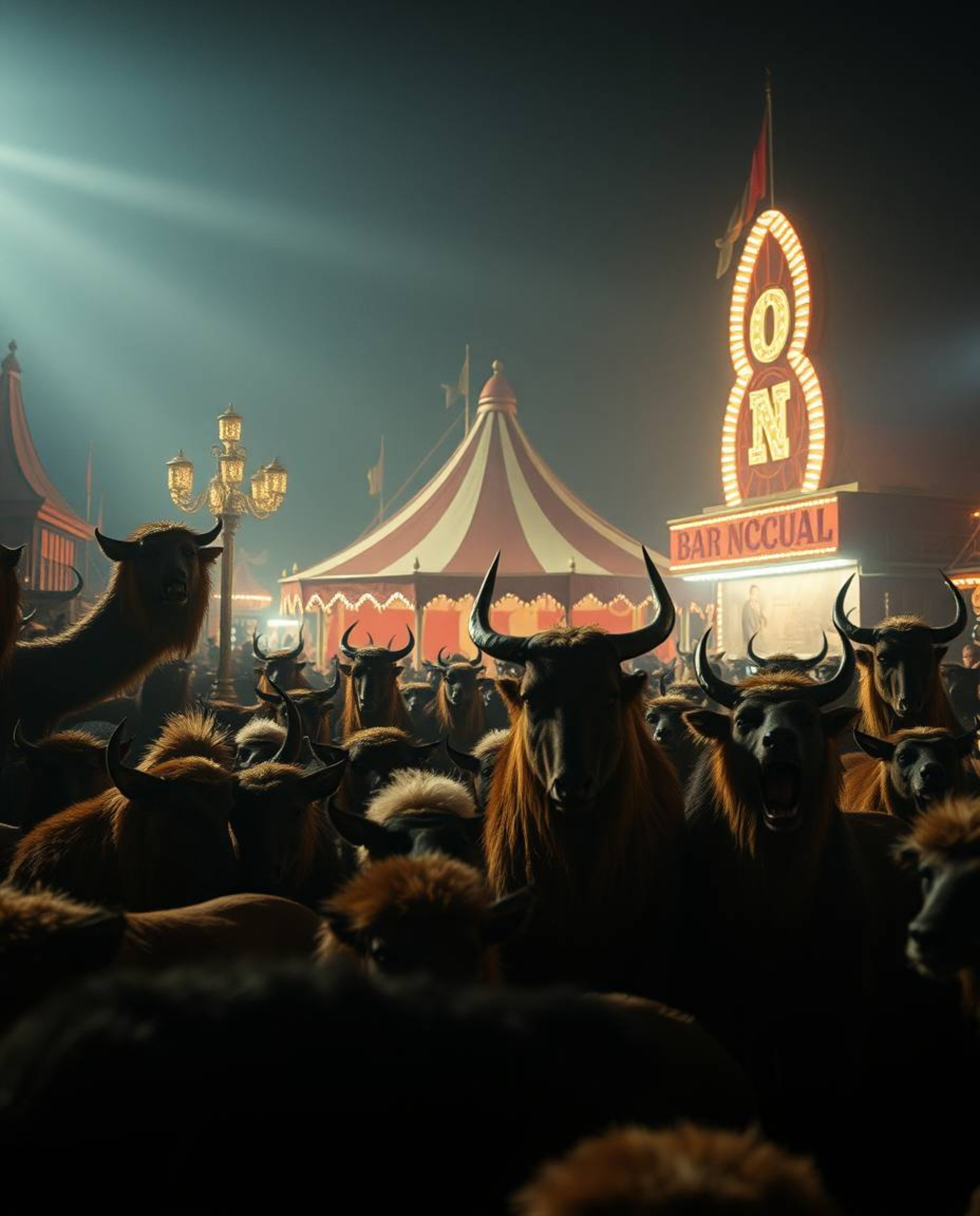Experience a cinematic carnival scene, dramatically overtaken by wild animals under strong, hard light that casts direct and 