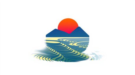 A visually striking geometric logo design showcasing a seamless gradient sunset over mountainous rice terraces.  The logo fea