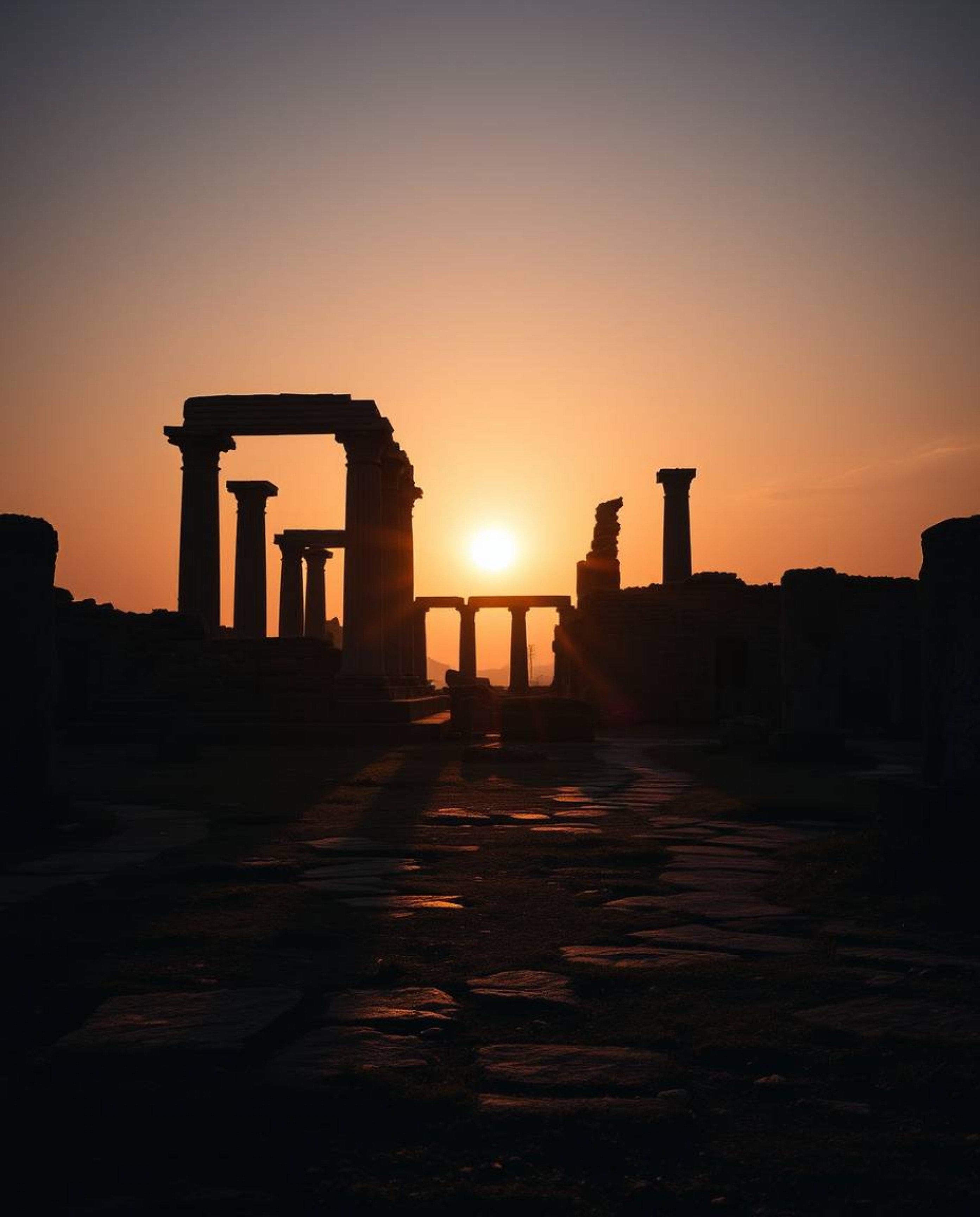 A cinematic sunset casts long shadows across ancient stone ruins, creating a mystic, dreamlike atmosphere. With gentle color 