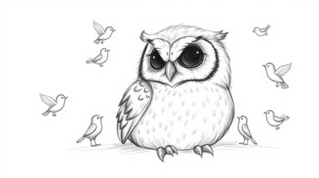 A heartwarming hand-drawn sketch, reminiscent of Pixar's style, portrays a blind owl with delicate, feathery details. The owl