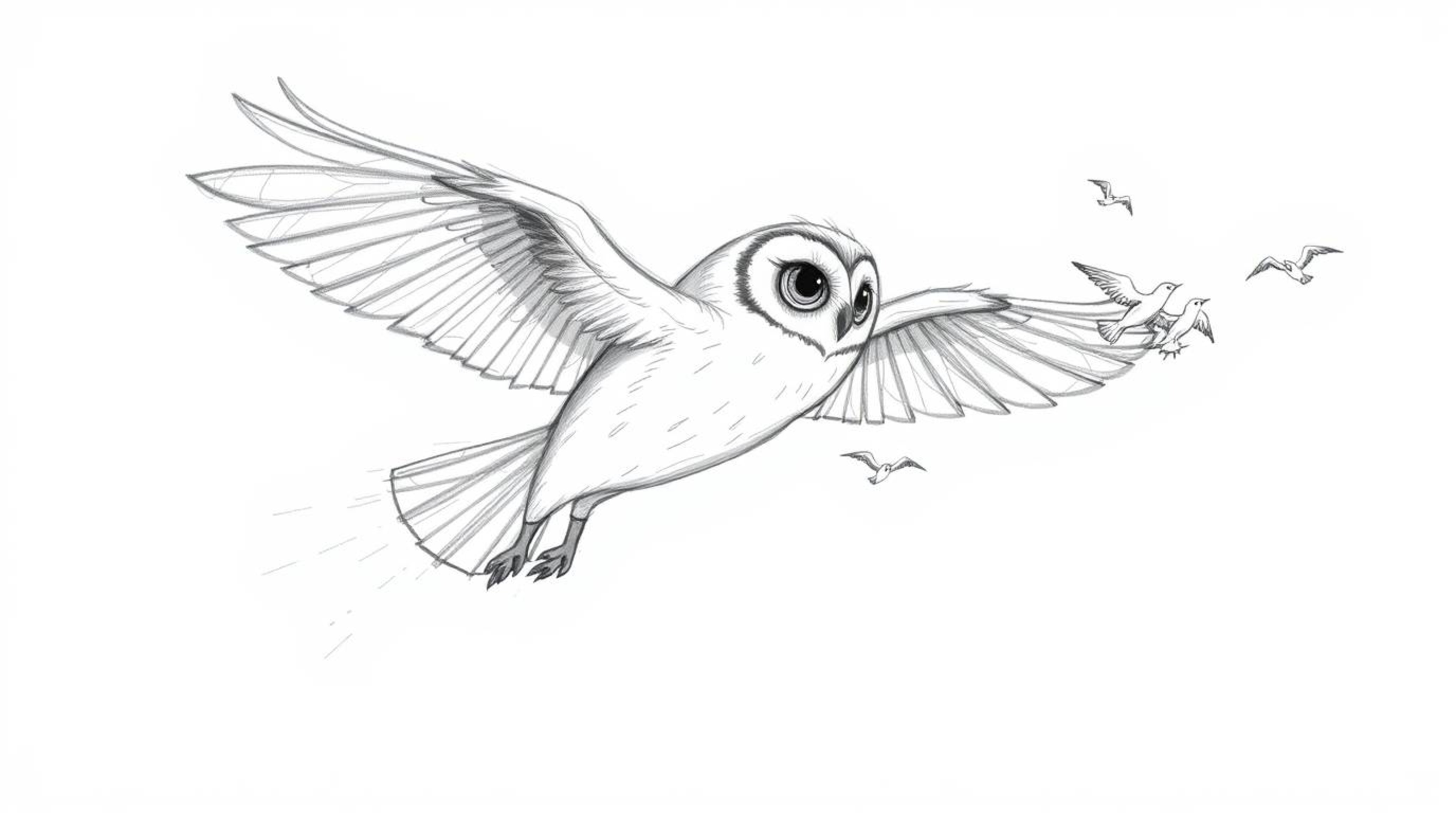 A heartwarming hand-drawn sketch in the style of Pixar depicts a blind owl gracefully mid-flight, guiding a flock of birds. T