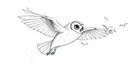 A heartwarming hand-drawn sketch in the style of Pixar depicts a blind owl gracefully mid-flight, guiding a flock of birds. T