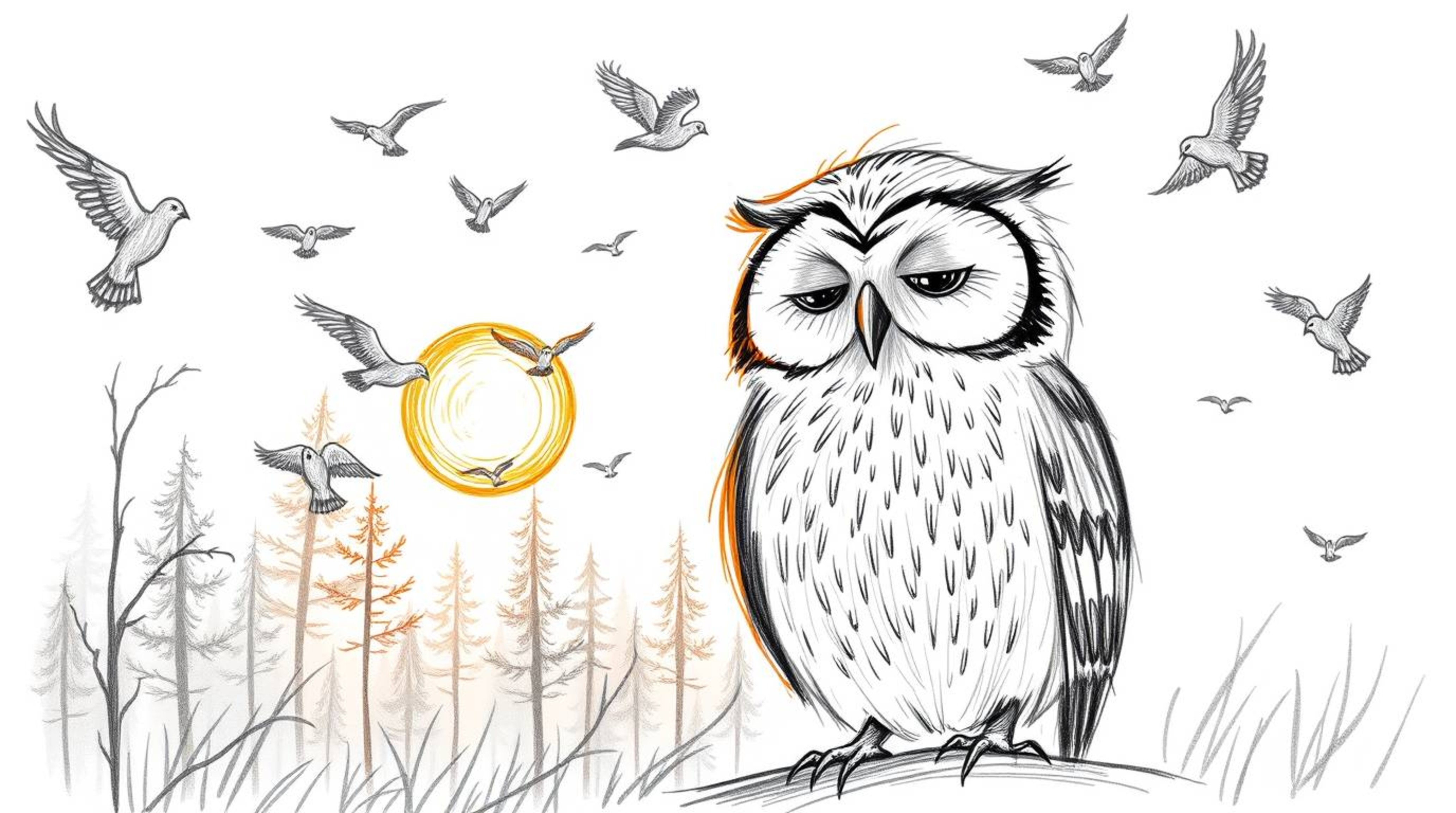 A whimsical, hand-drawn illustration in the style of Pixar depicts a blind owl with gentle eyes, surrounded by birds taking f