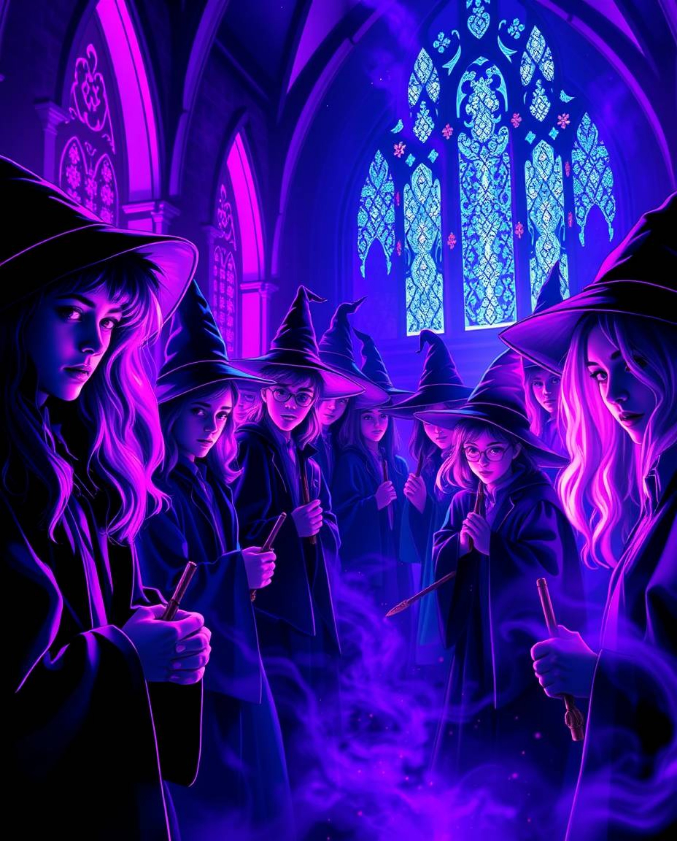 Explore a world of creative light art depicting a magical school brimming with young wizards, bathed in deep ultraviolet hues