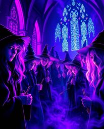 Explore a world of creative light art depicting a magical school brimming with young wizards, bathed in deep ultraviolet hues