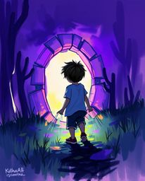 Discover a captivating digital painting depicting a child's wondrous encounter with a magical portal hidden in their backyard