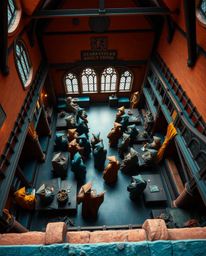 Immerse yourself in a magical school teeming with young wizards, captured from a stunning high angle perspective. The image s